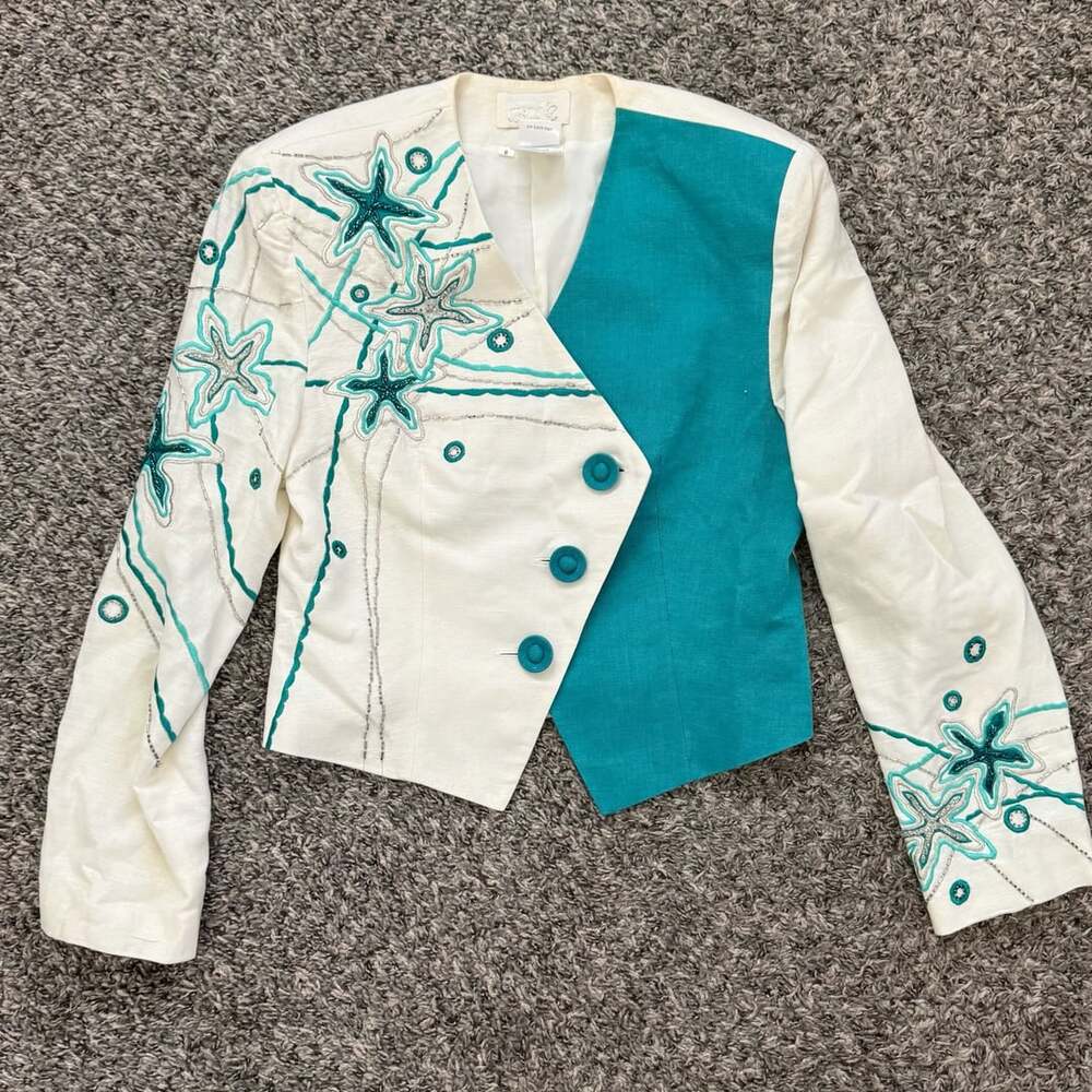 Cache Beaded Starfish Jacket Size 8 White Teal Southwestern Coastal